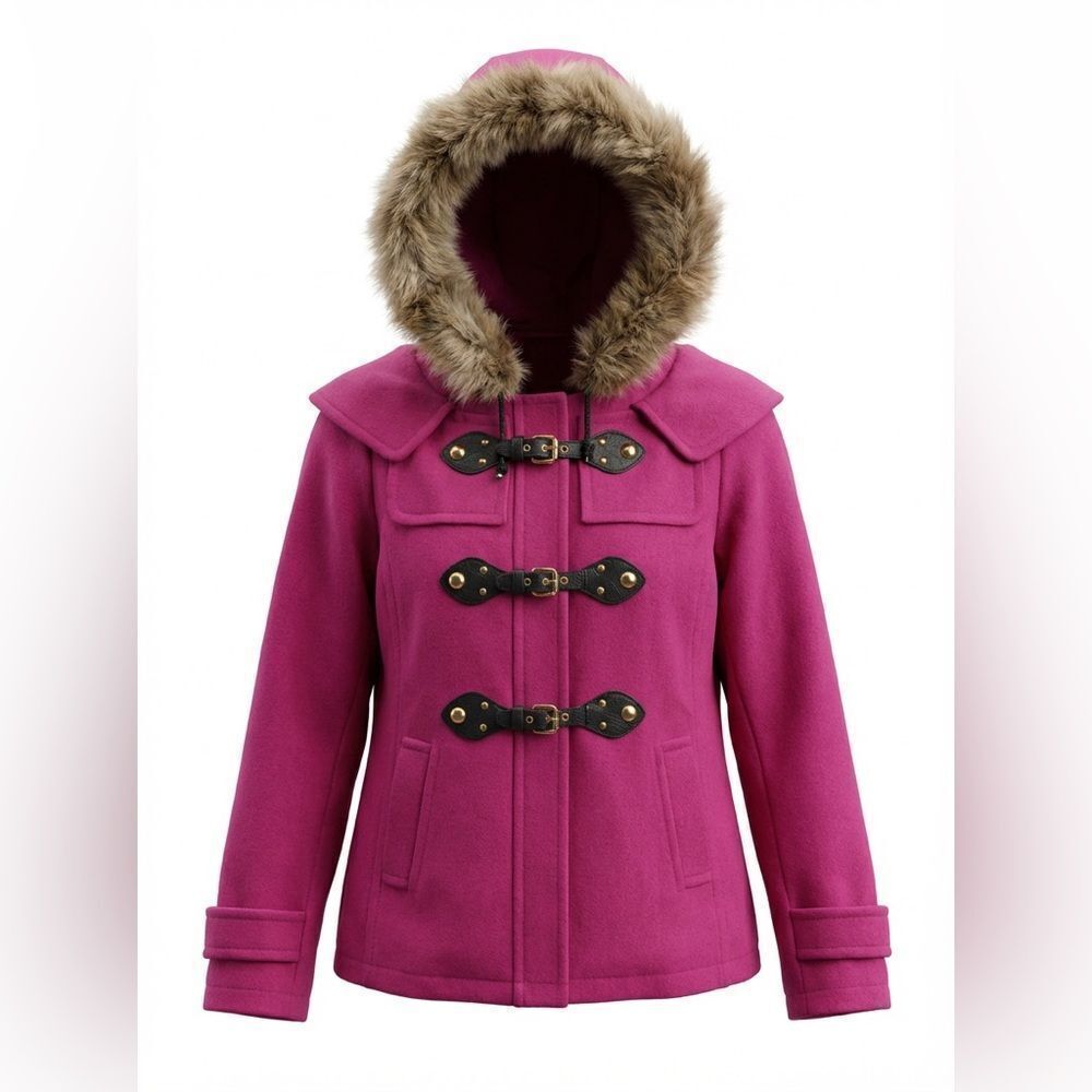 Juicy Couture Womens Pink Toggle wool Coat with Faux Fur Collar size M